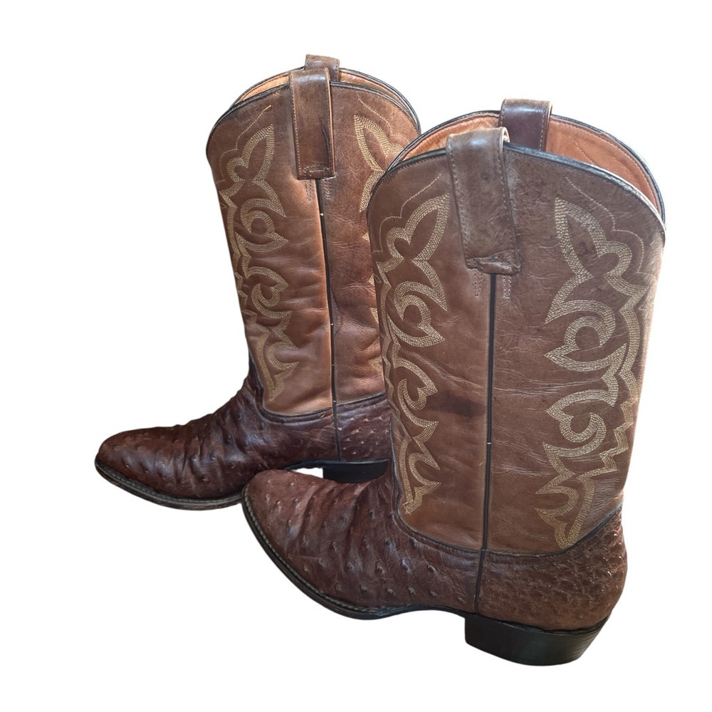 Cowboy Boots 10 D Brown Ostrich Leather Western Embroidered Shoes